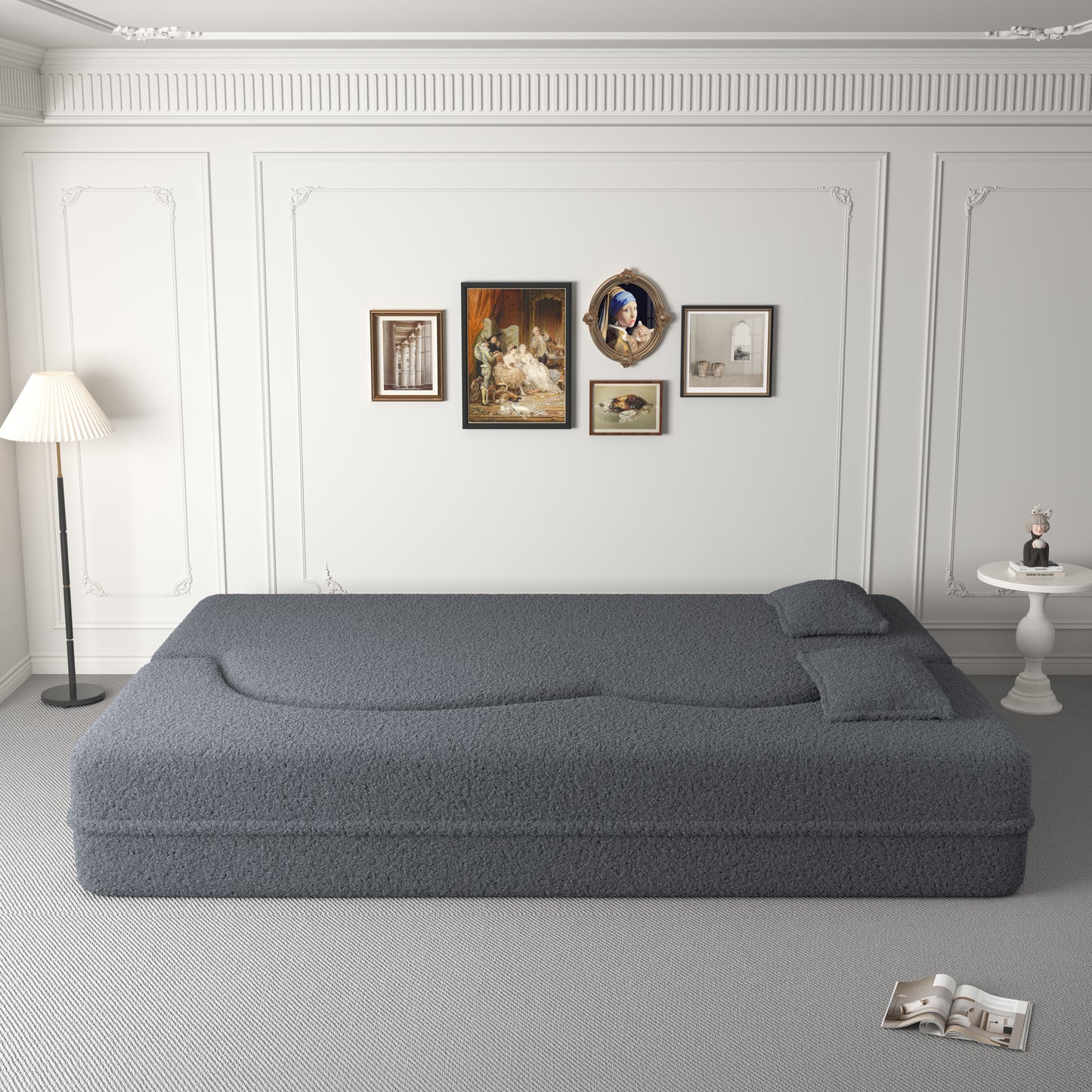 Modern Grey Teddy Fabric Floor Sofa Bed with 2 Pillows – Convertible & Space-Saving