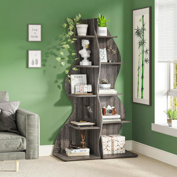 Dark Brown Wavy 5-Tier Corner Bookshelf – Modern Sculpted Bookcase Storage Rack