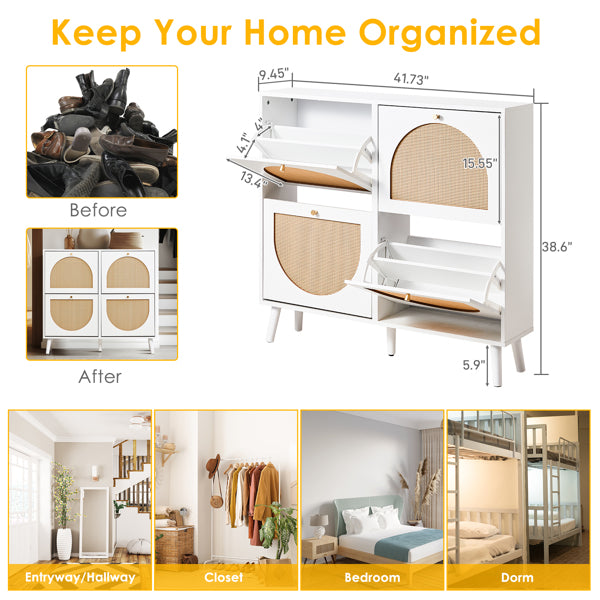 2-Row 4-Bucket Rattan Shoe Cabinet, White & Wood Finish w/ Gold High Legs