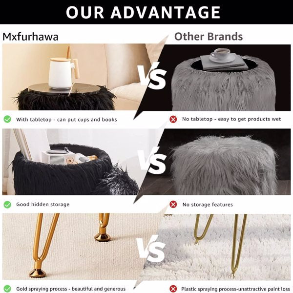 Faux Fur Ottoman Stool with Marble Tray, Footrest & Storage, Black Vanity Seat