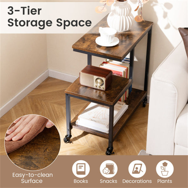 G-Shaped 3-Tier Brown End Table with Wheels – Mobile Storage Side Table