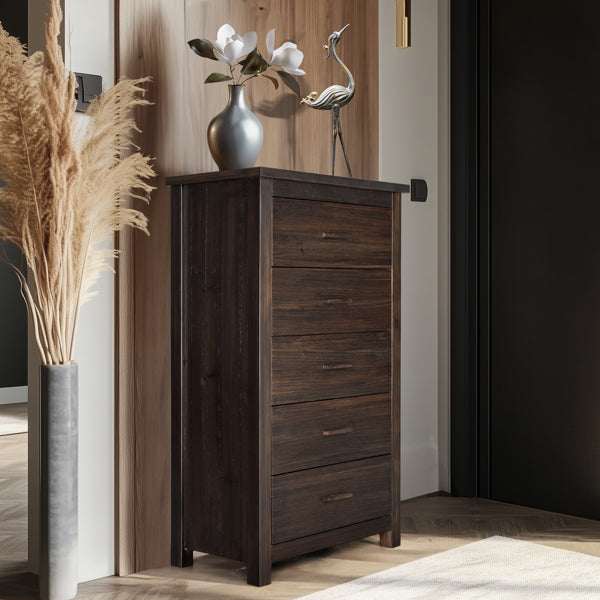 Vertical 5-Drawer Chest, Brown MDF with Wood Veneer, 73x40x120cm Storage Unit