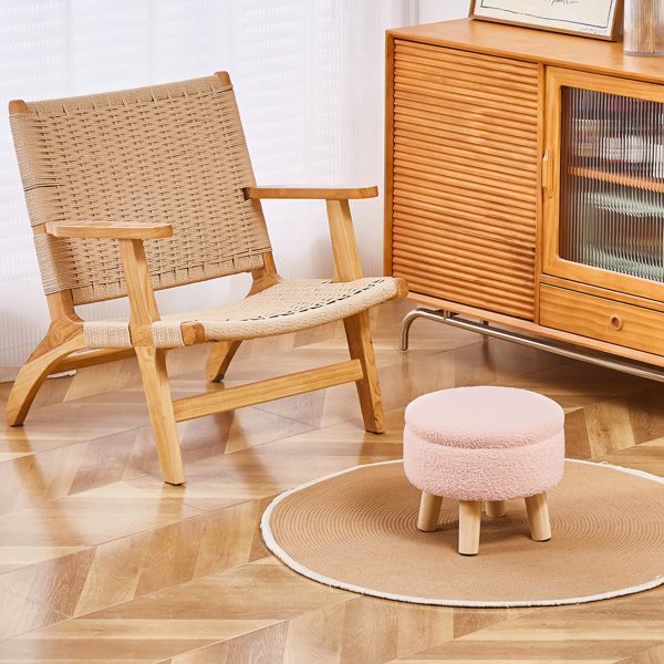 Round Storage Ottoman, Teddy Velvet Footrest with Wood Legs for Living Room, Pink
