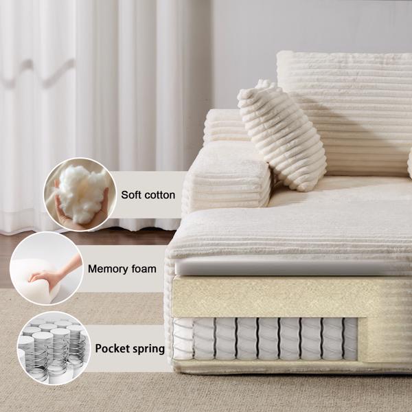 Oversized Chaise Lounge Chair – Plush Corduroy Cloud Couch with 3 Pillows, White