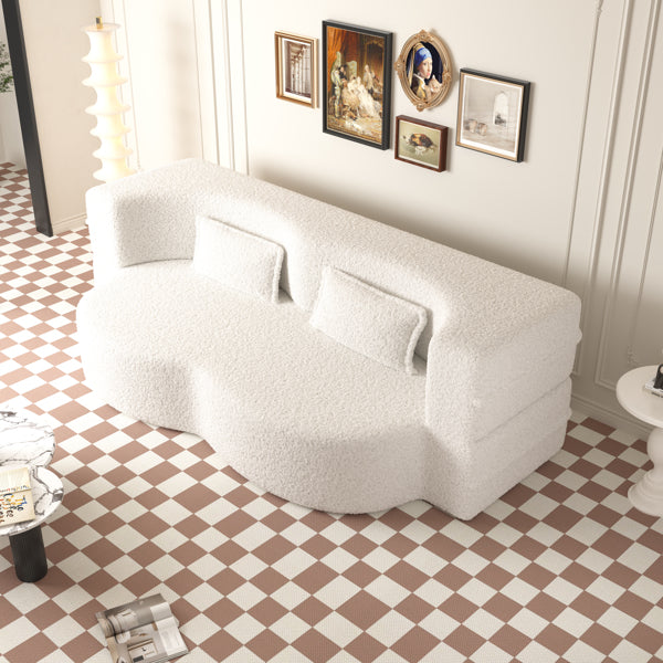 Modern Beige Teddy Fabric Floor Sofa Bed with 2 Pillows – Convertible & Space-Saving