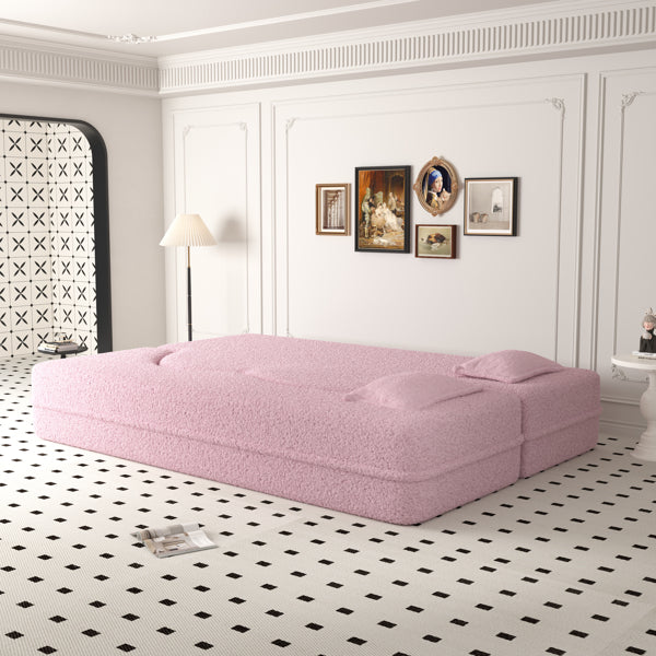 Modern Pink Teddy Fabric Floor Sofa Bed with 2 Pillows – Convertible & Space-Saving