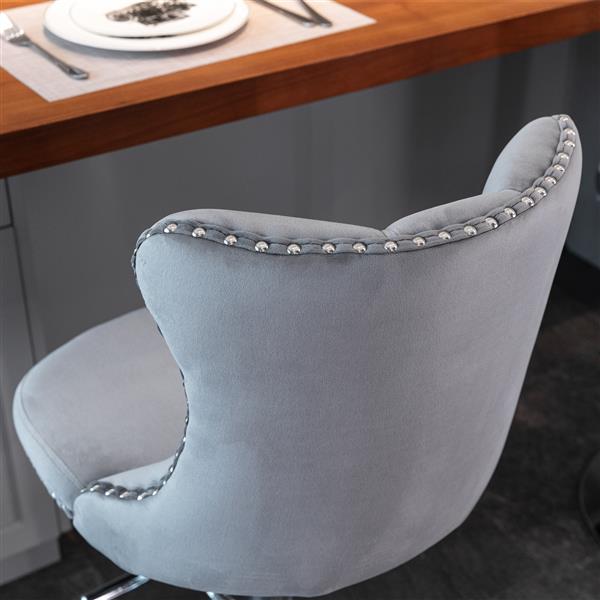 Set of 2 Gray Velvet Swivel Barstools, Adjustable Height 25–33", with Backs