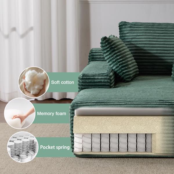 Oversized Chaise Lounge Chair – Plush Corduroy Cloud Couch with 3 Pillows, Green