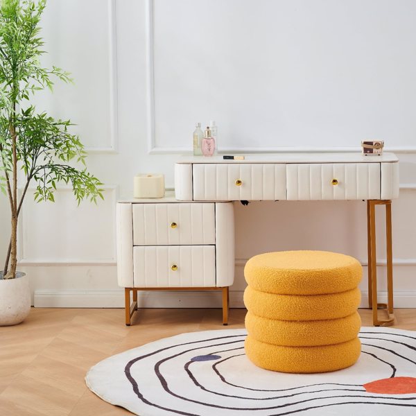 Round Shape Storage Ottoman Stool with Flip Tray, Vanity & Footrest Chair, Yellow