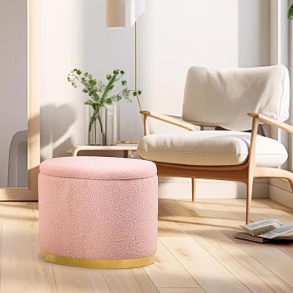 Round Storage Ottoman with Flip-Top Lid – Pink Upholstered Stool