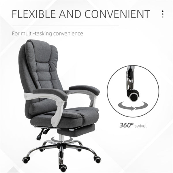 Pebble Grey High-Back Reclining Office Chair with Footrest & Linen Upholstery
