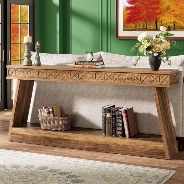 Rustic Brown 2-Tier Long Console Table – Farmhouse Style Entryway & Sofa Table