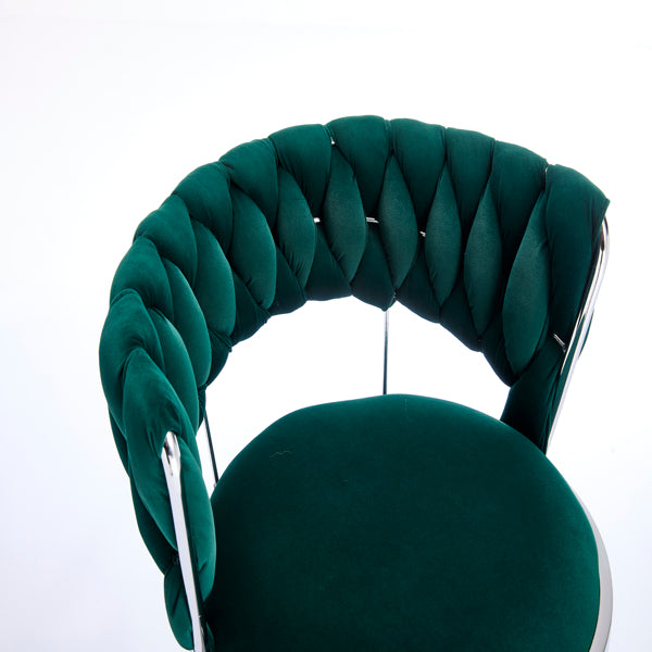 Set of 2 Green Velvet Bar Stools with Chrome Base & Swivel Adjustable Height