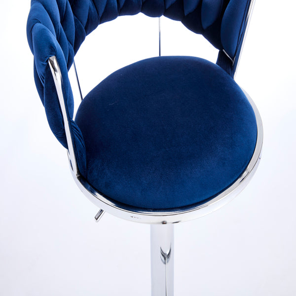 Set of 2 Blue Velvet Bar Stools with Chrome Base & Swivel Adjustable Height