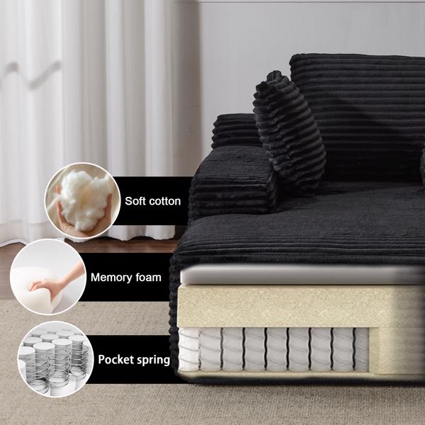 Oversized Chaise Lounge Chair – Plush Corduroy Cloud Couch with 3 Pillows, Black