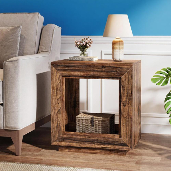 Rustic Farmhouse End Table with Shelf – Distressed Brown Coffee side Table