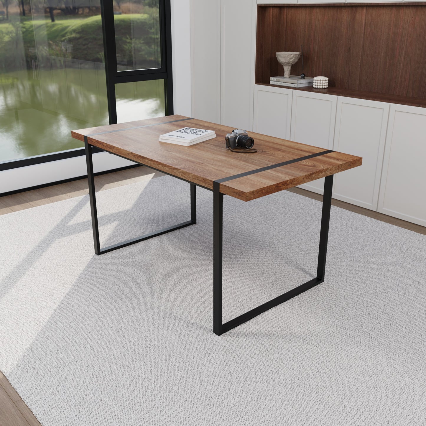 59" Wood Dining Table Set w/ 4 Suede Chairs | Industrial Metal Frame Design