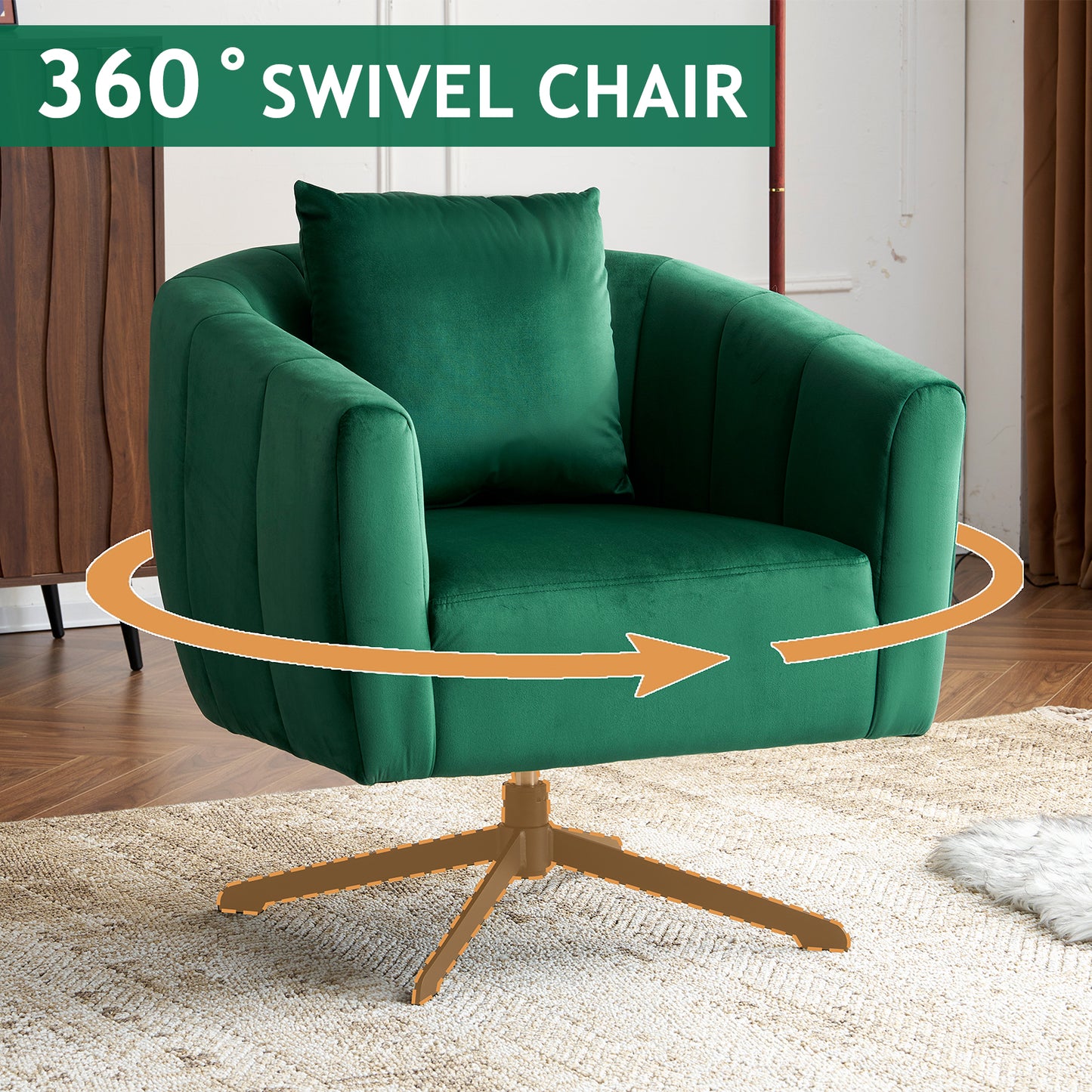 360° Swivel Velvet Accent Chair with Fluffy Cushion – Green