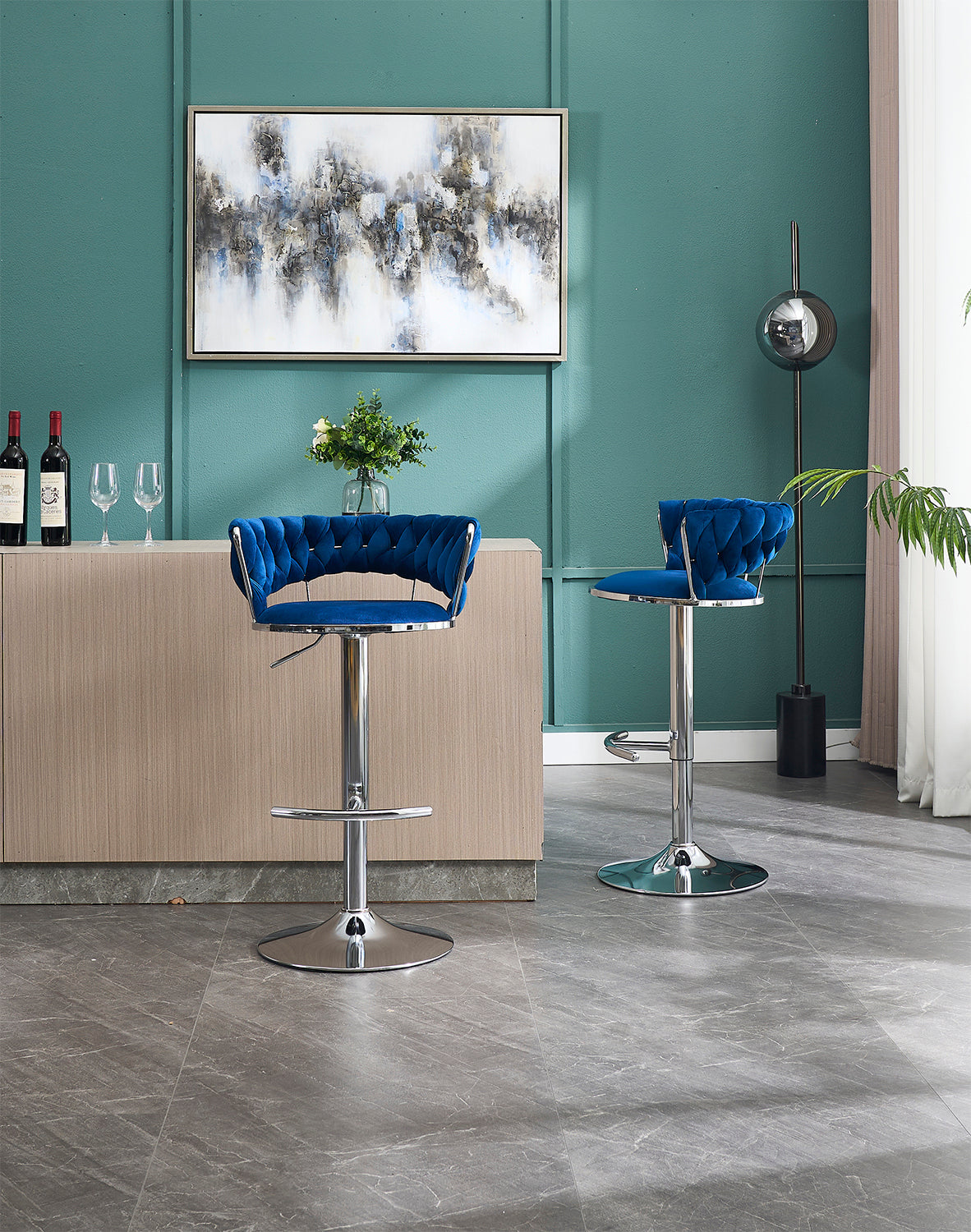 Set of 2 Blue Velvet Bar Stools with Chrome Base & Swivel Adjustable Height