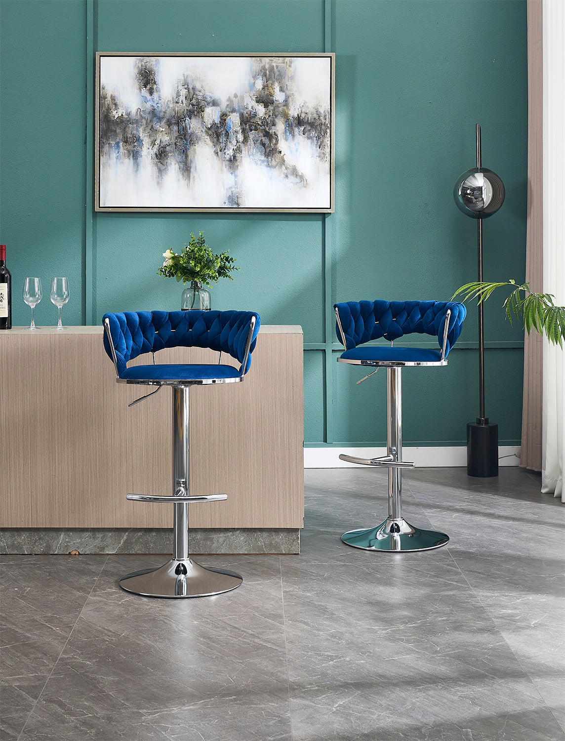 Set of 2 Blue Velvet Bar Stools with Chrome Base & Swivel Adjustable Height