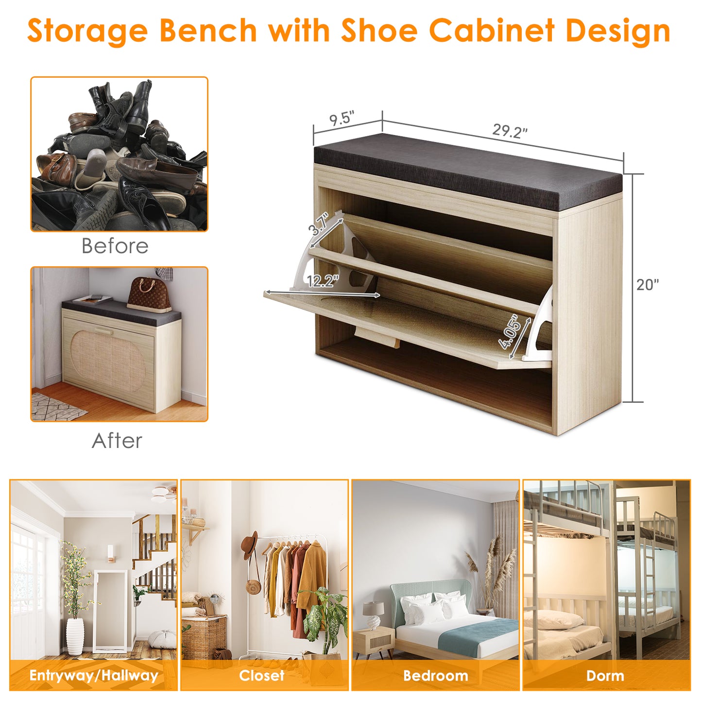 Rattan Shoe Cabinet Bench with Flip Drawer & Cushion for Hallway Storage