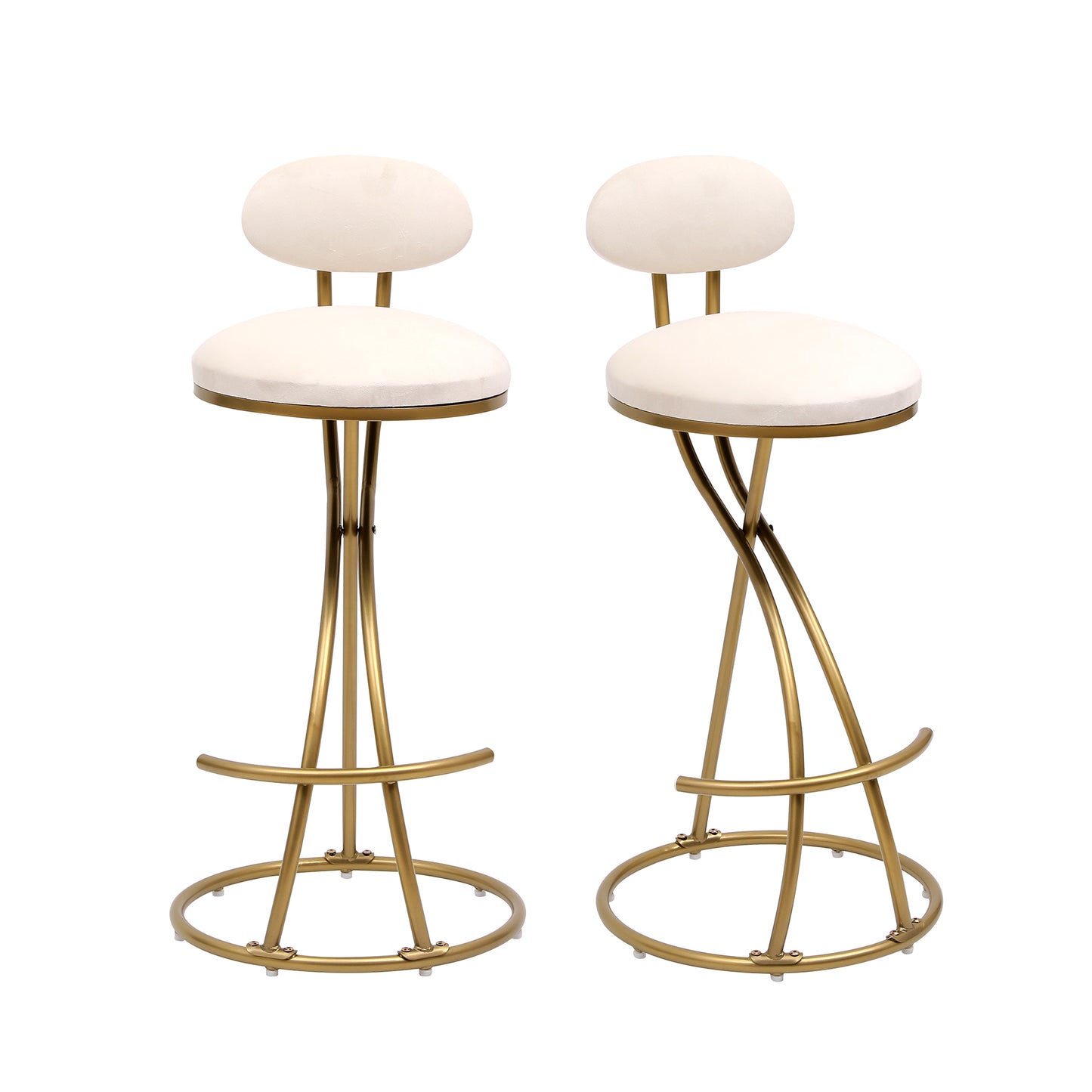 Set of 2 Velvet Round Bar Stools with Back – Gold & Cream Upholstered Counter Chairs