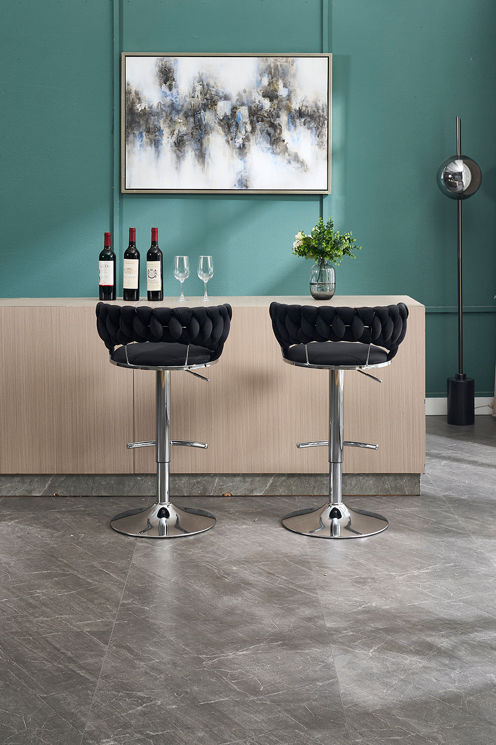 Set of 2 Black Velvet Bar Stools with Chrome Base & Swivel Adjustable Height