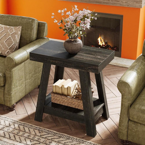 Rustic Grey Farmhouse End Table with 2 Open Shelves – Compact Side Storage