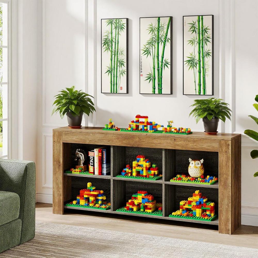 Rustic Brown 6-Cube Long Console Table – Industrial Low Bookshelf & TV Stand