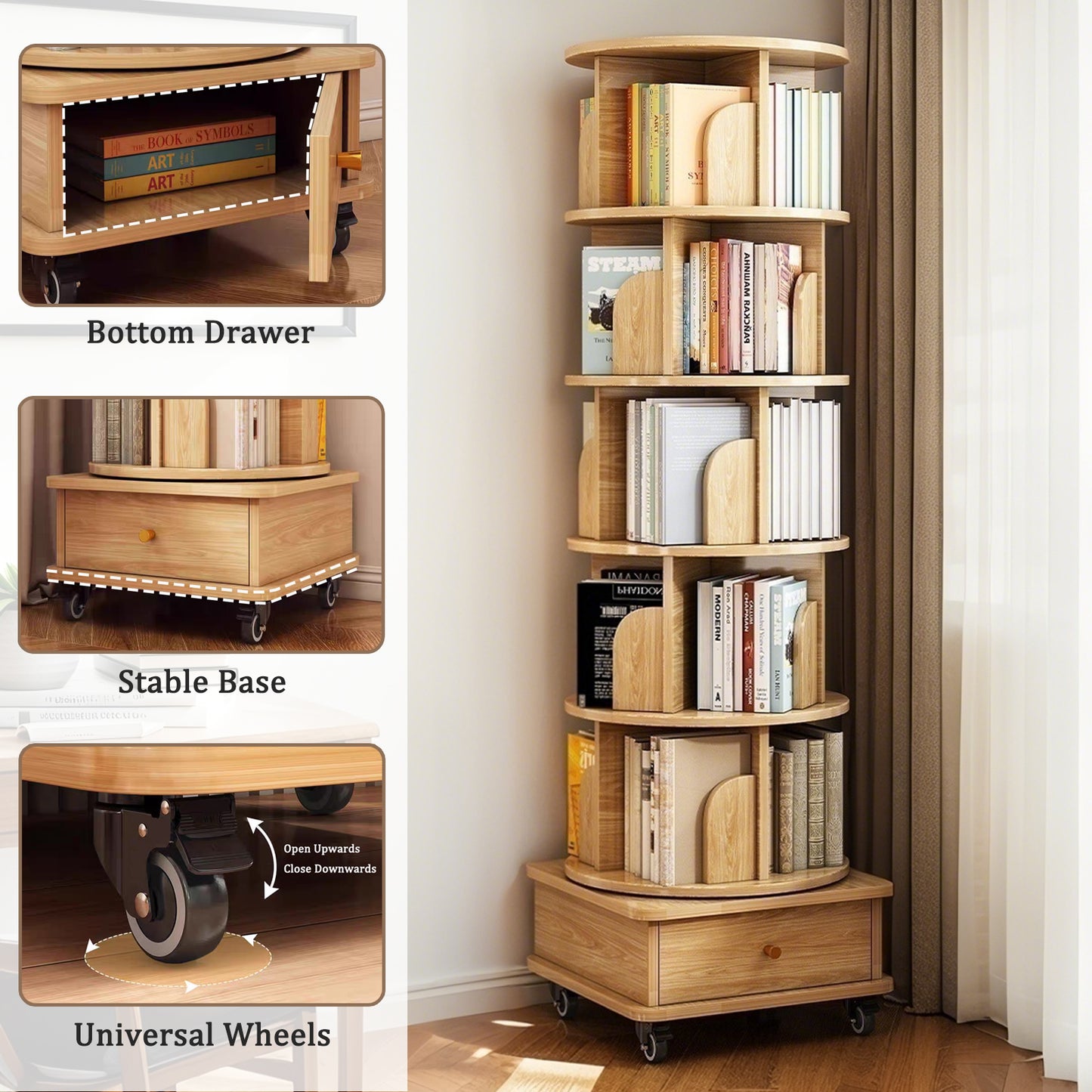 6-Tier 360° Rotating Bookshelf with Wheels & Drawer, Space-Saving Wood Color