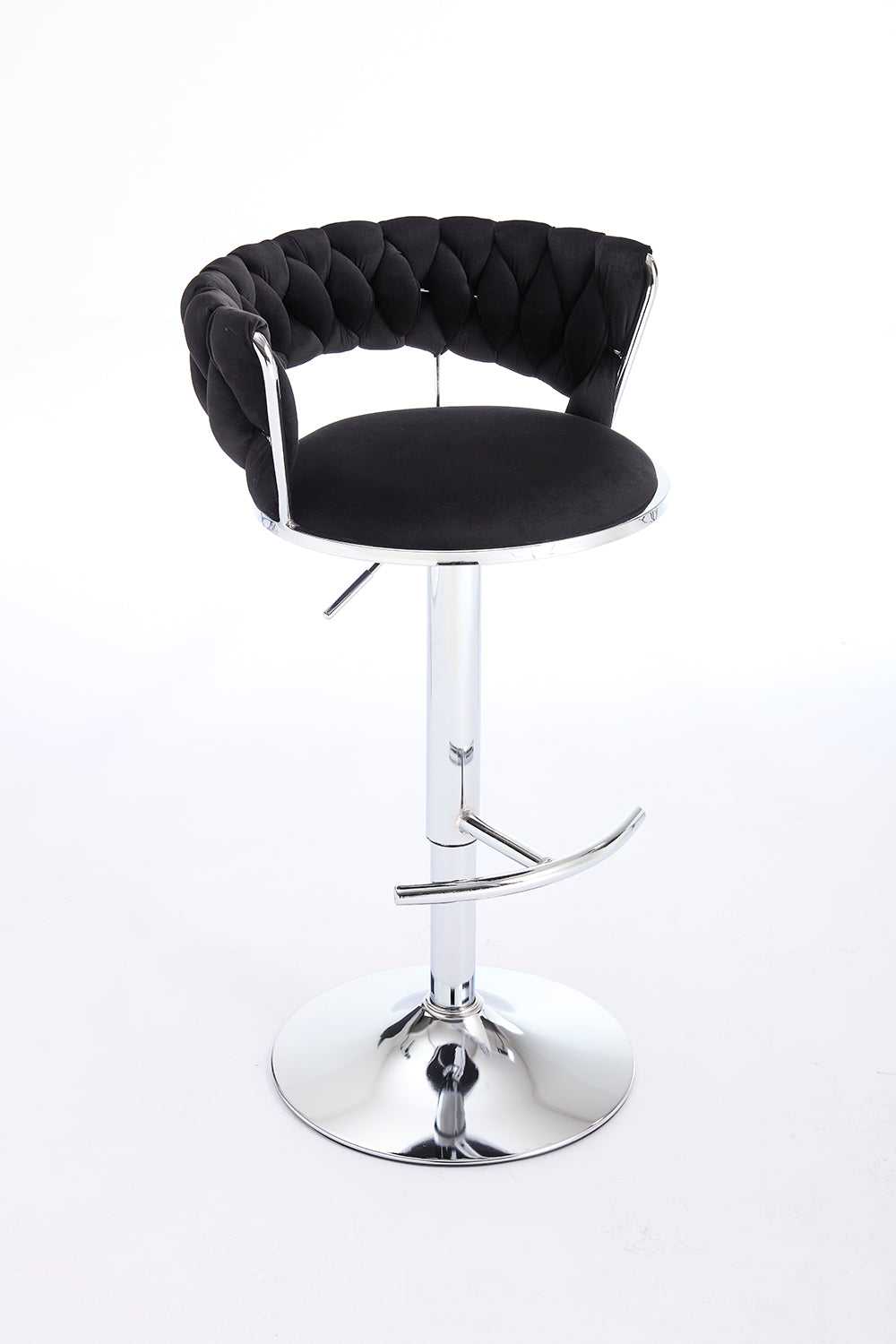 Set of 2 Black Velvet Bar Stools with Chrome Base & Swivel Adjustable Height