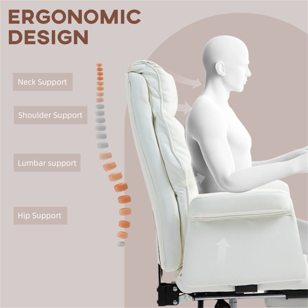 White Massage Office Chair with Reclining Back, Footrest & PU Leather Finish