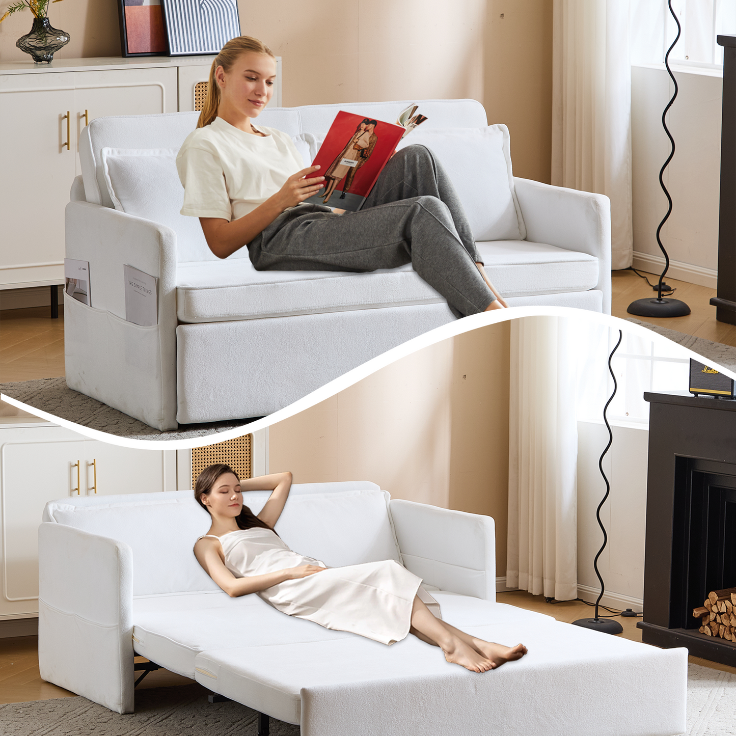 3-in-1 Sleeper Chair Bed with Tray & USB, Convertible Sofa in, White