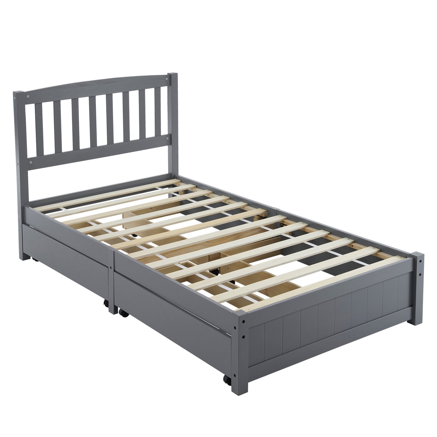 Twin Pine Wood Platform Bed with 4 Storage Drawers & Curved Headboard – Gray