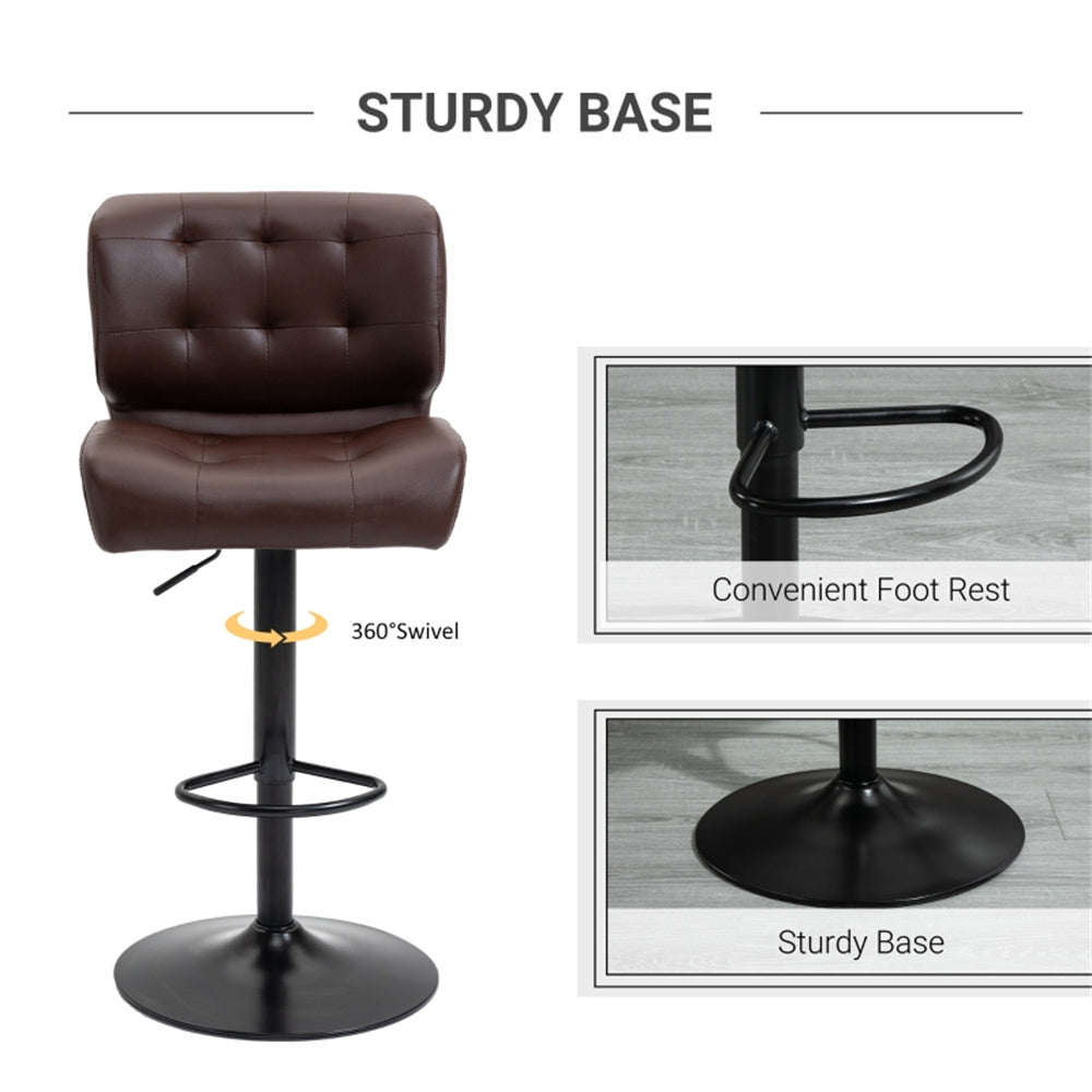 Set of 2 Adjustable Brown Bar Stools with Swivel Seats & Tufted Backrest