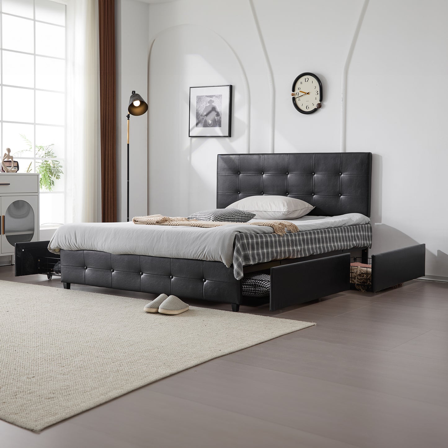 Queen Upholstered Platform Bed with 4 Drawers & Adjustable Tufted Headboard