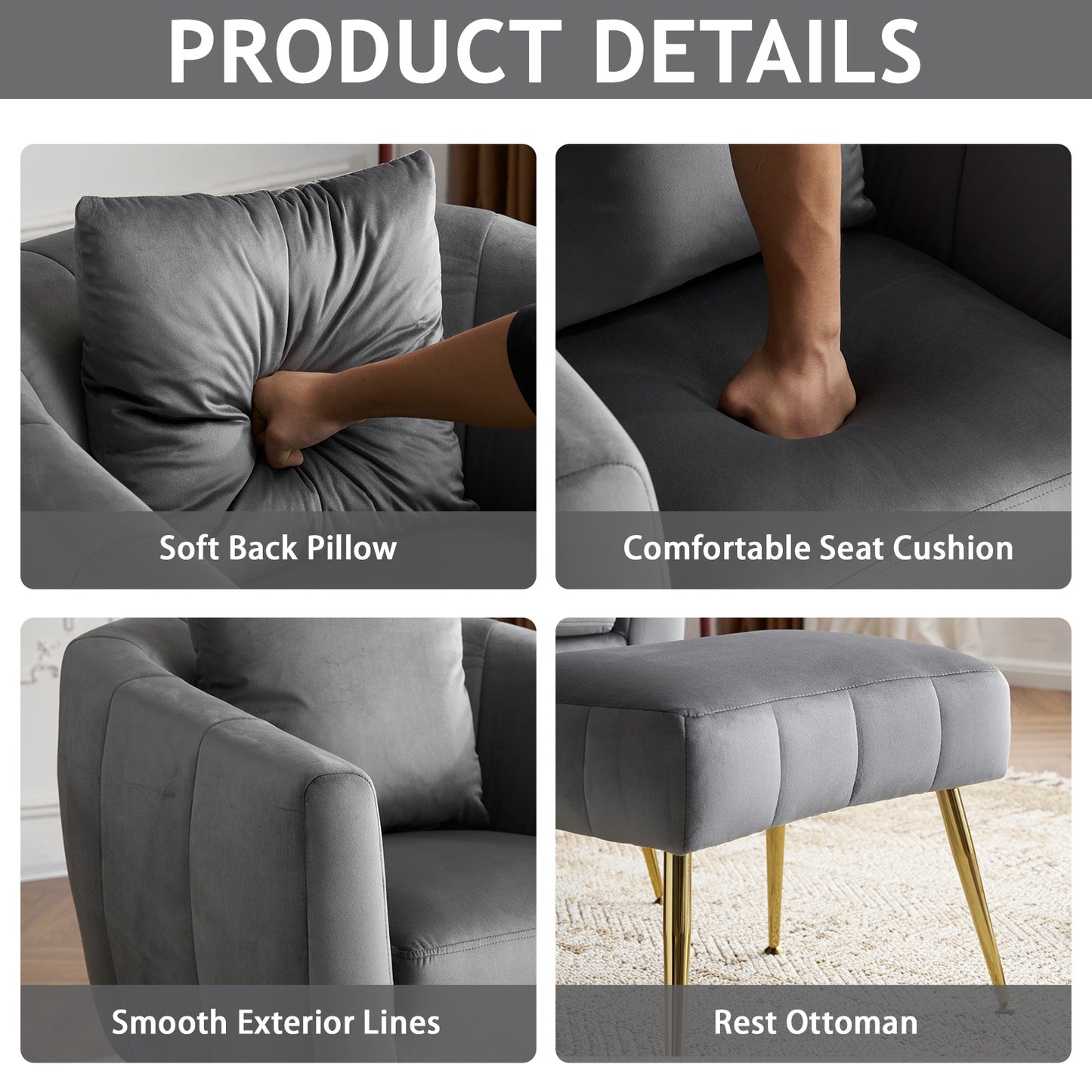 Velvet Barrel Chair with Ottoman & Lumbar Pillow – Gray Accent Set