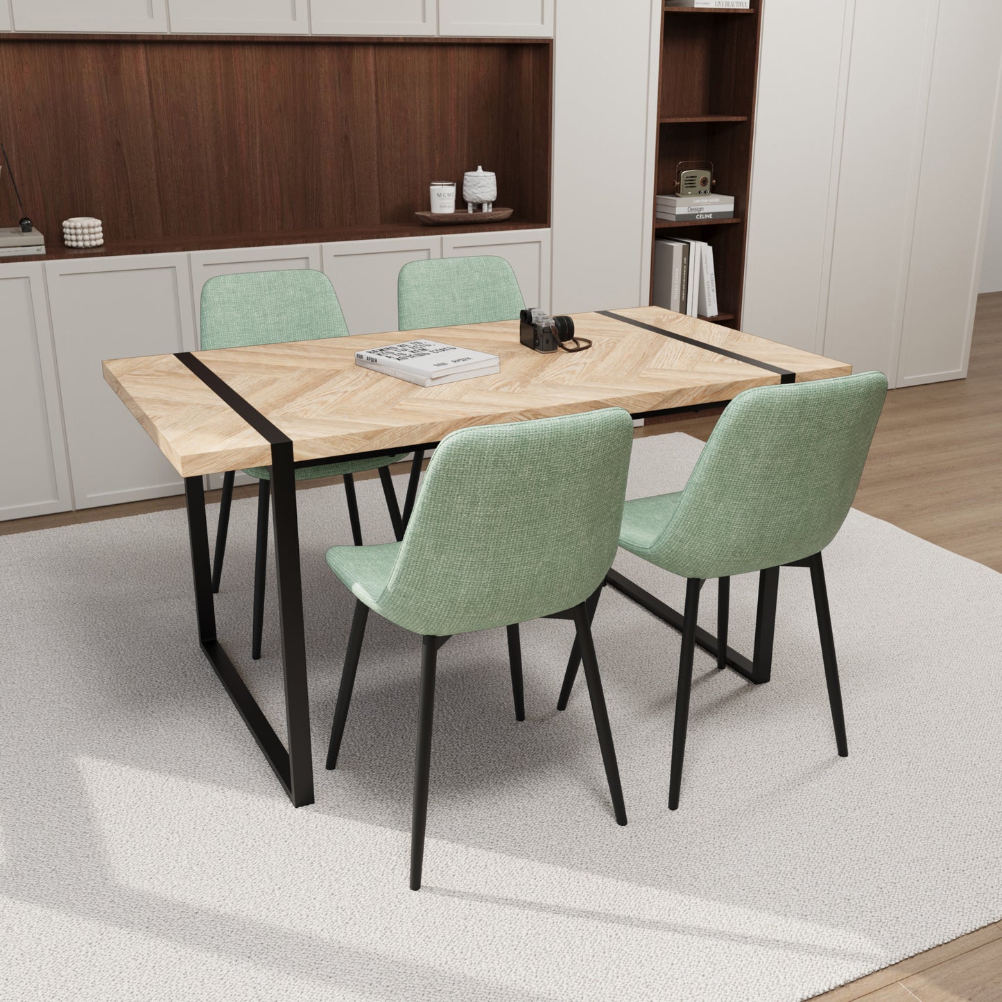 59" Light Wood Dining Table Set w/ 4 Suede Chairs – Modern & Cozy Style