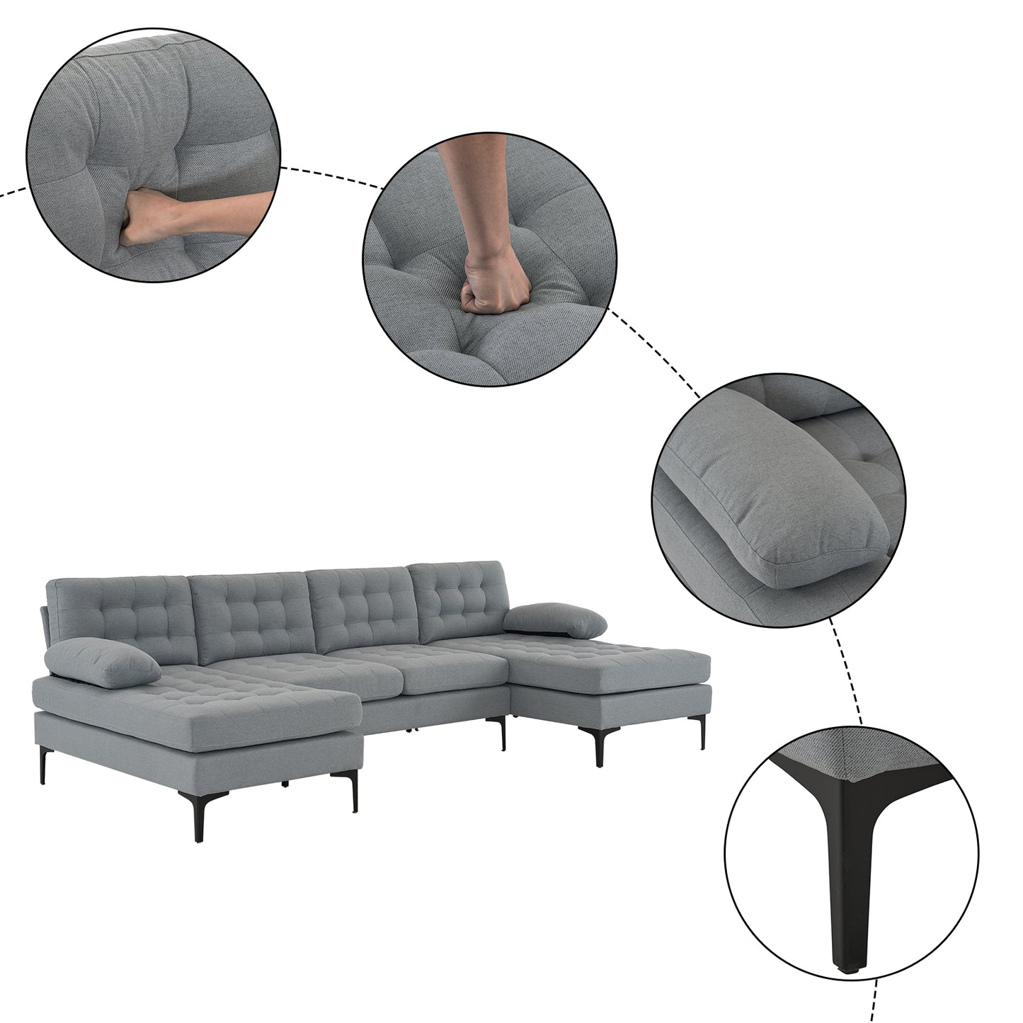 U-Shaped Sectional Sofa – Soft Armrest & Backrest, Wooden & Iron Frame with Gold Legs, Beige Upholstery