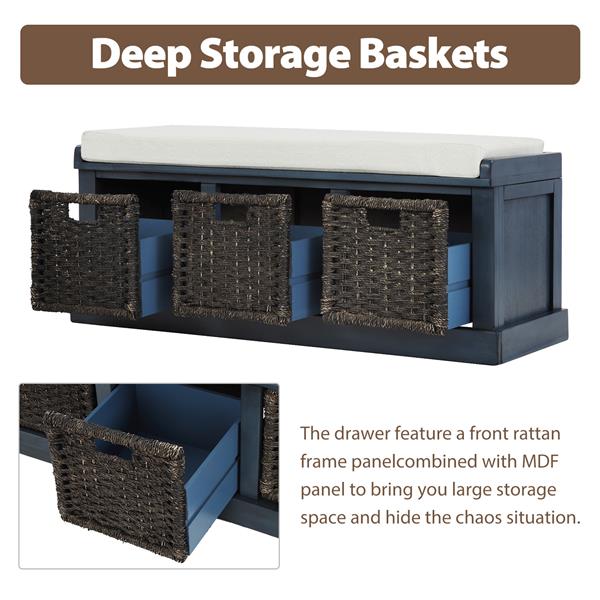 Rustic Entryway Storage Bench with 3 Rattan Baskets & Cushion, Antique Navy