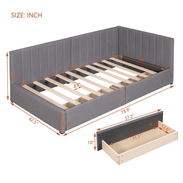 Gray Twin Upholstered Daybed with 2 Storage Drawers – Linen Sofa Bed Frame