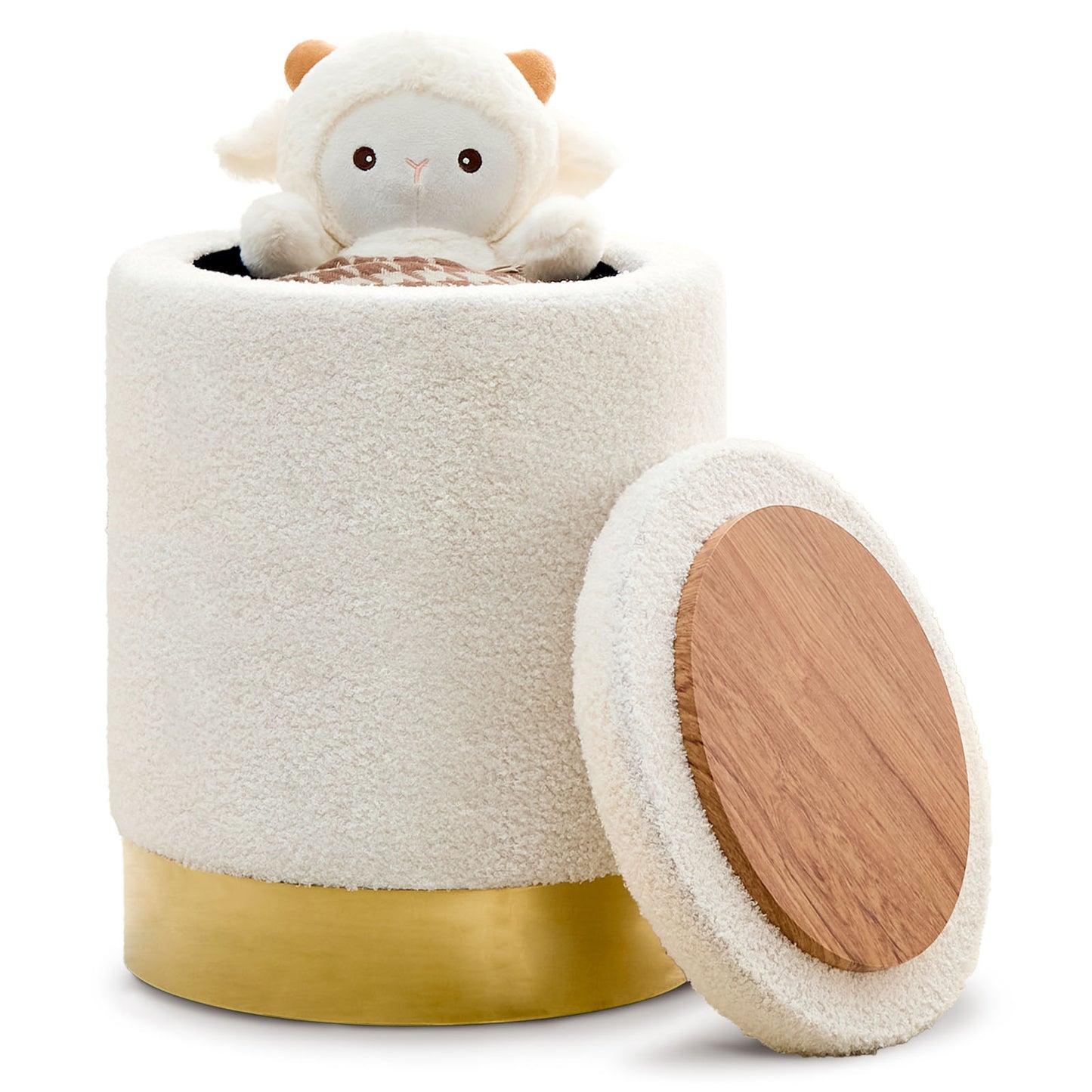 Teddy Velvet Round Ottoman Stool with Storage, Padded Seat, Metal Base, White