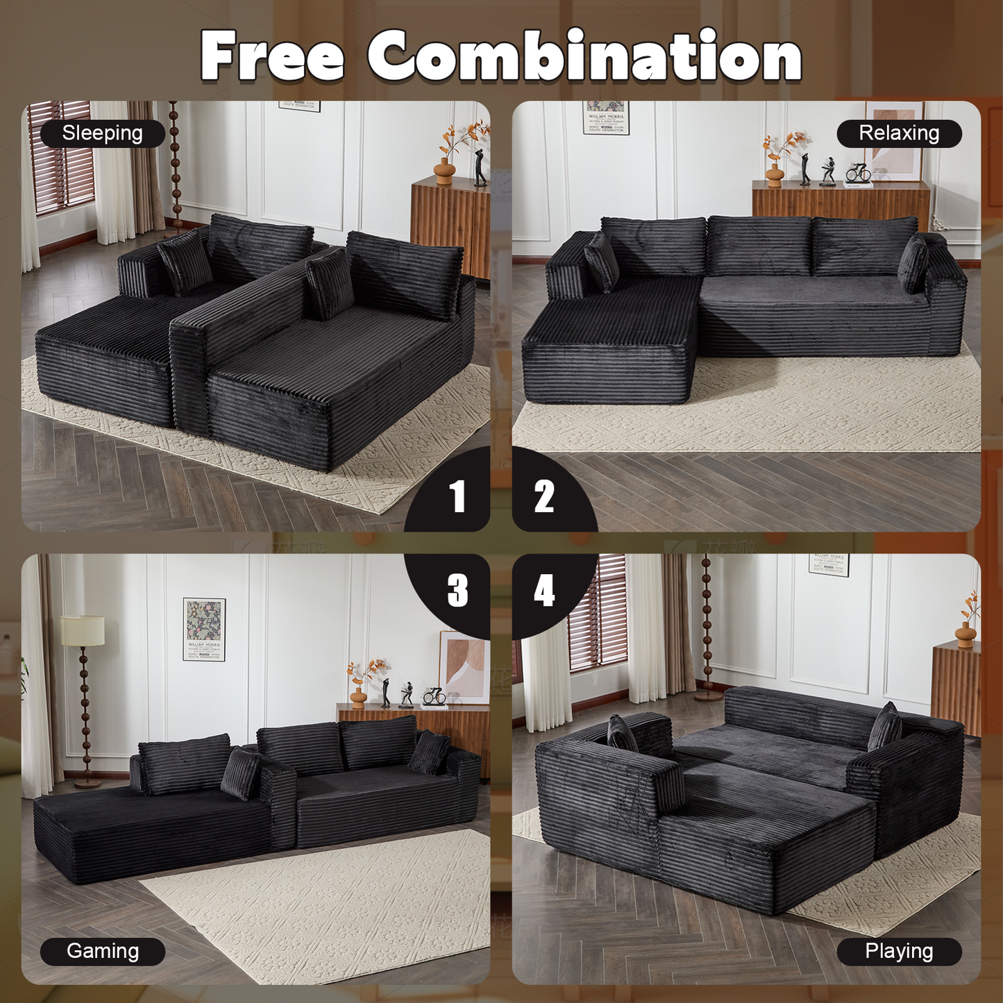 Modular L-Shaped Corduroy Sectional Sofa with Chaise – Black