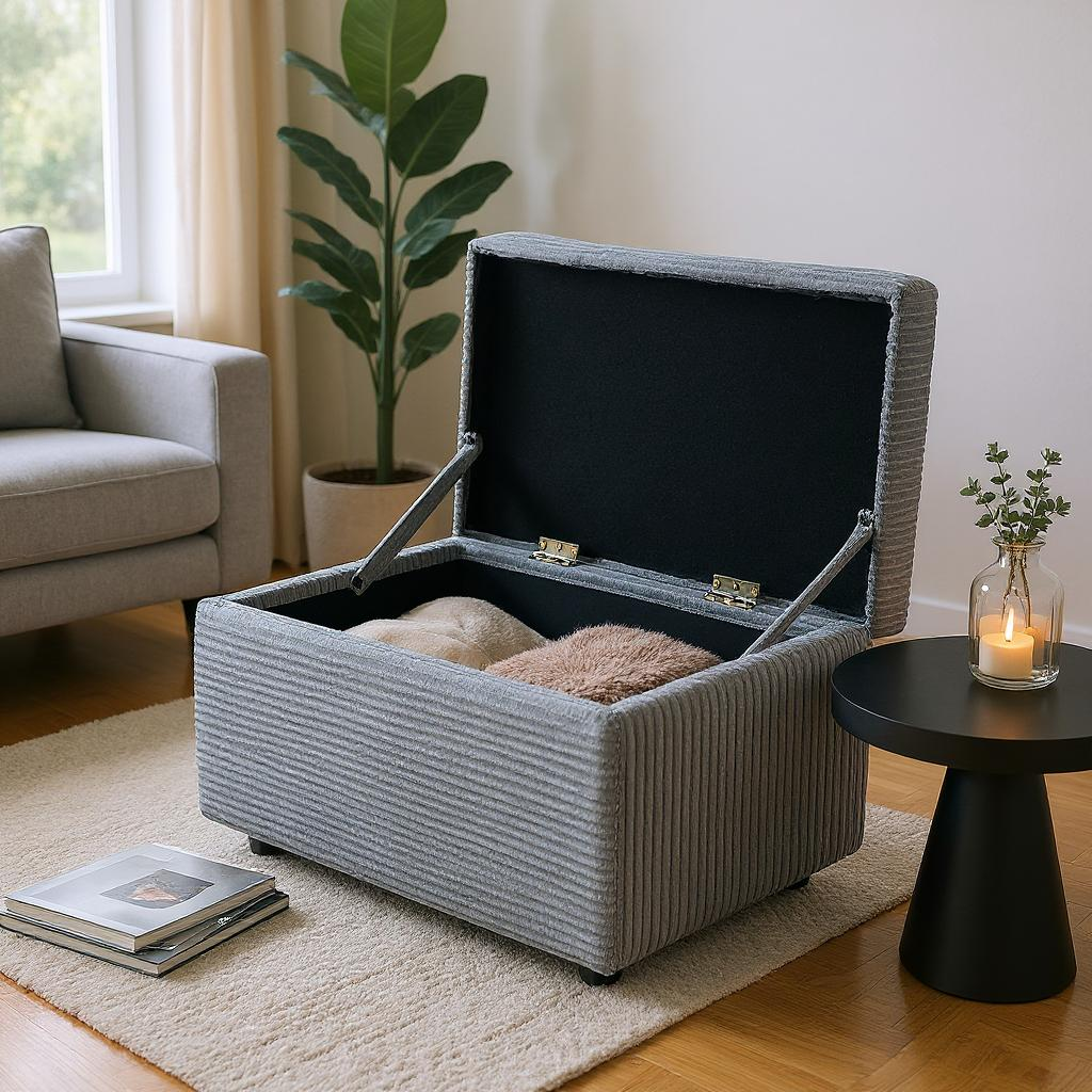 Dark Gray Corduroy Storage Ottoman Bench with Hidden Compartment – 24.8