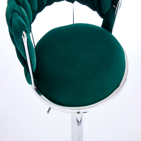 Set of 2 Green Velvet Bar Stools with Chrome Base & Swivel Adjustable Height