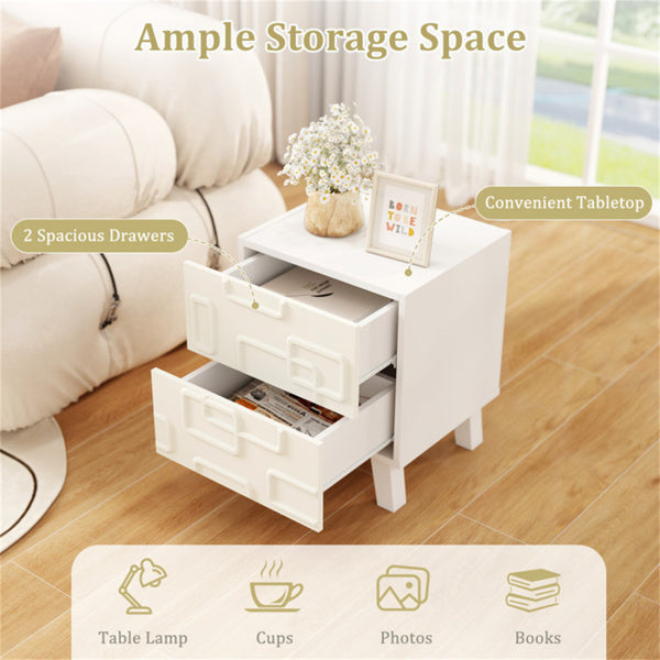 White Modern Nightstand with 2 Drawers – Geometric 3D Pattern Bedside Side Table