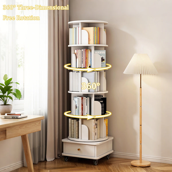 6-Tier 360° Rotating Bookshelf with Wheels & Drawer, Space-Saving Warm White