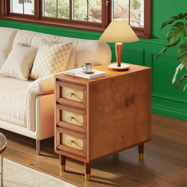Solid Wood Coffee Table with 3 Rattan Drawers – Rustic Boho Accent End Table