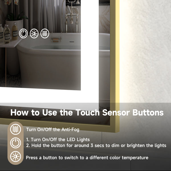 40x32" Gold Framed LED Mirror with Dual Front & Back Light Strips