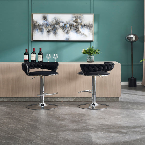 Set of 2 Black Velvet Bar Stools with Chrome Base & Swivel Adjustable Height